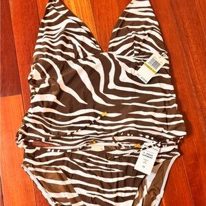 Michael Kors Brown and White Zebra Print Tankini Bikini Set